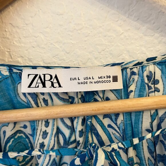 Zara Blue Paisley Floral Mini Dress L Boho Western Festival - Picture 6 of 11